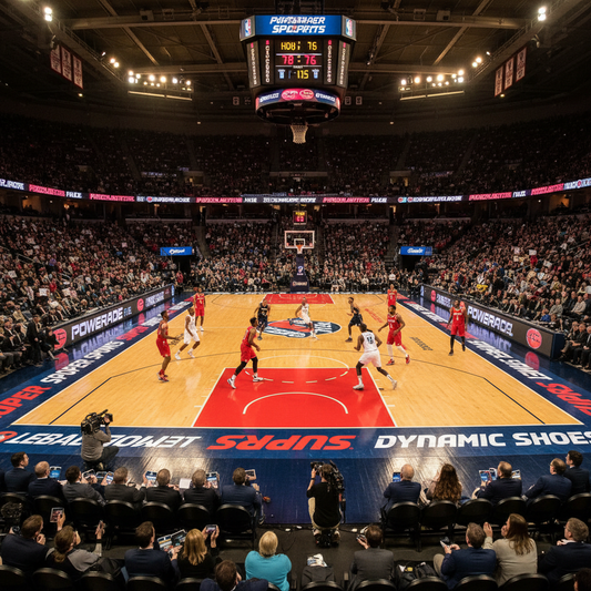 Basketball game in progress with players on the court and spectators in the stands and advertising on temporary floor graphic.