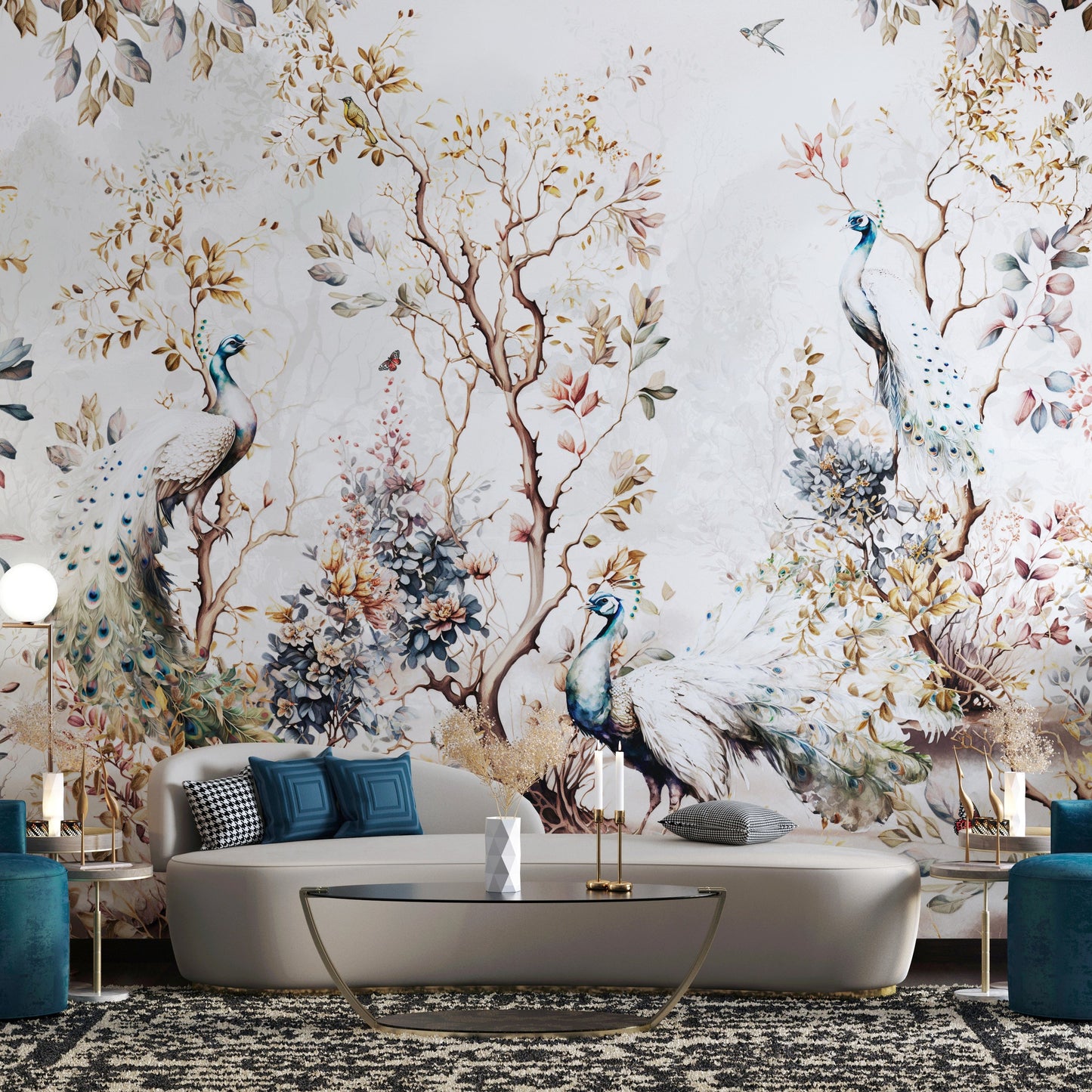 Modern living room with floral silver wallpaper