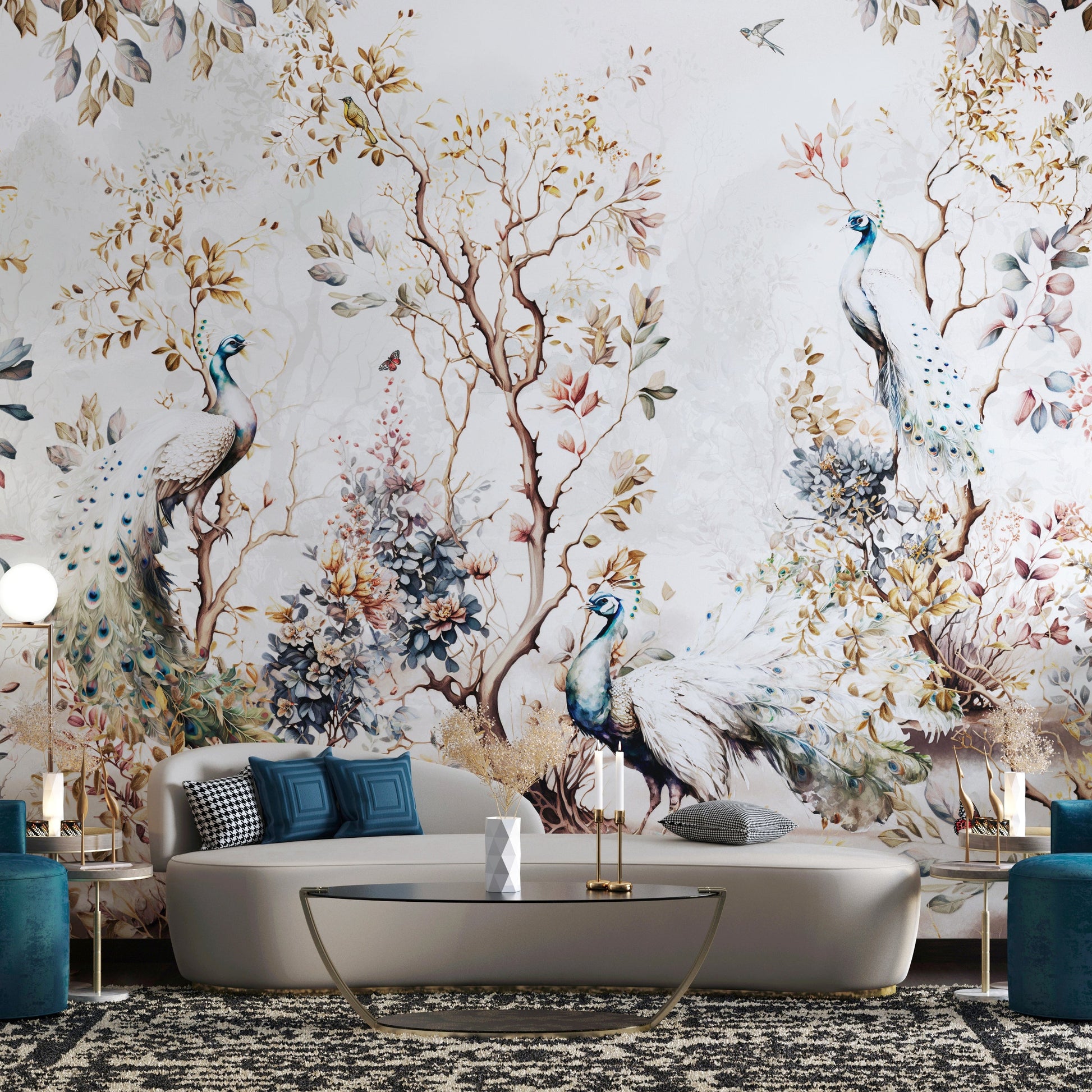 Modern living room with floral silver wallpaper