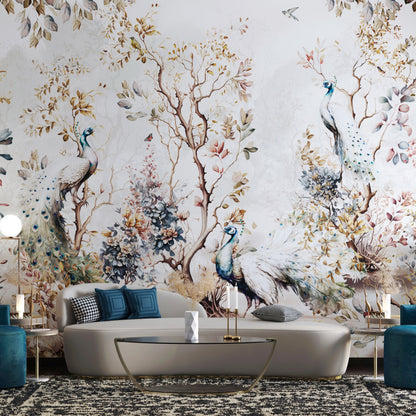 Modern living room with floral silver wallpaper