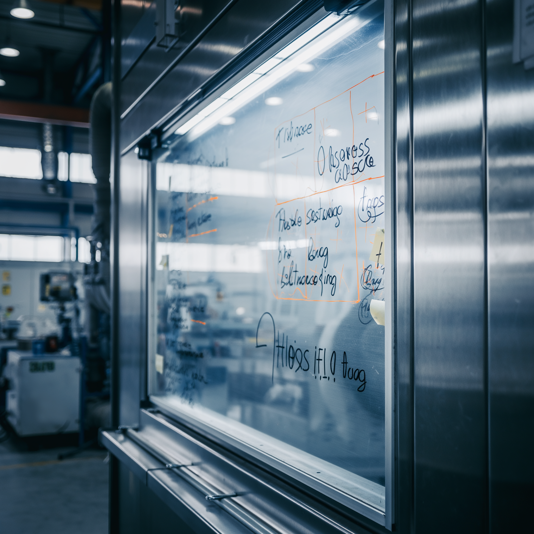 Glass wall dry-erase media overlay with notes in factory setting