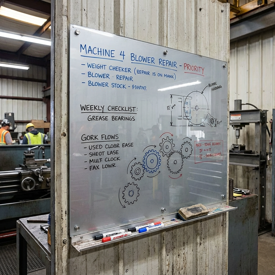 Dry-erase whiteboard with machine repair tasks in a workshop setting