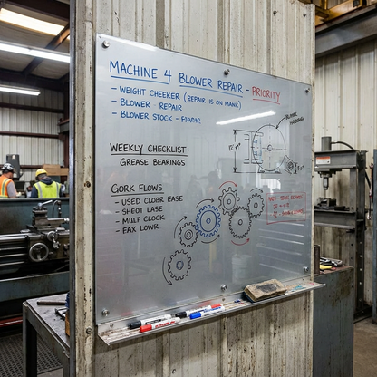 Dry-erase whiteboard with machine repair tasks in a workshop setting