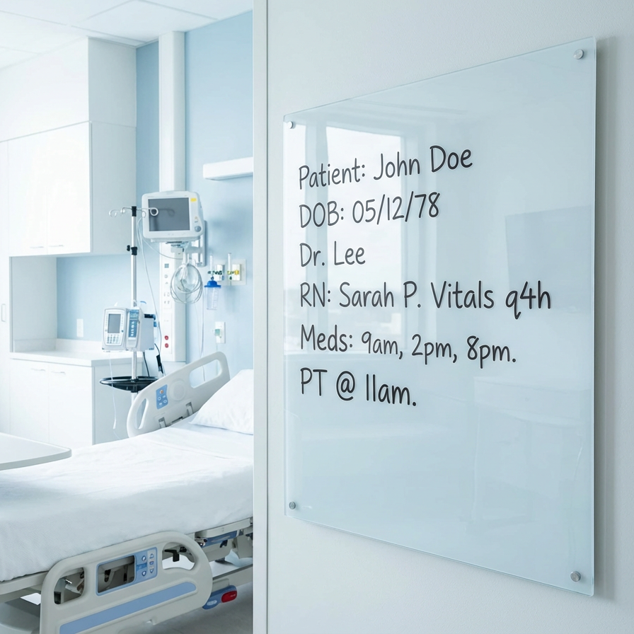 Hospital room with a dry-erase whiteboard displaying patient information