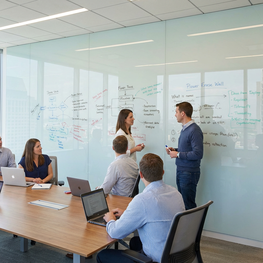 Group of people in a meeting room with dry-erase media on walls and laptops.