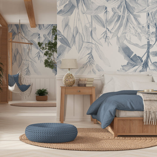 Modern coastal bedroom with a palm wallpaper made with a recycled wallcovering