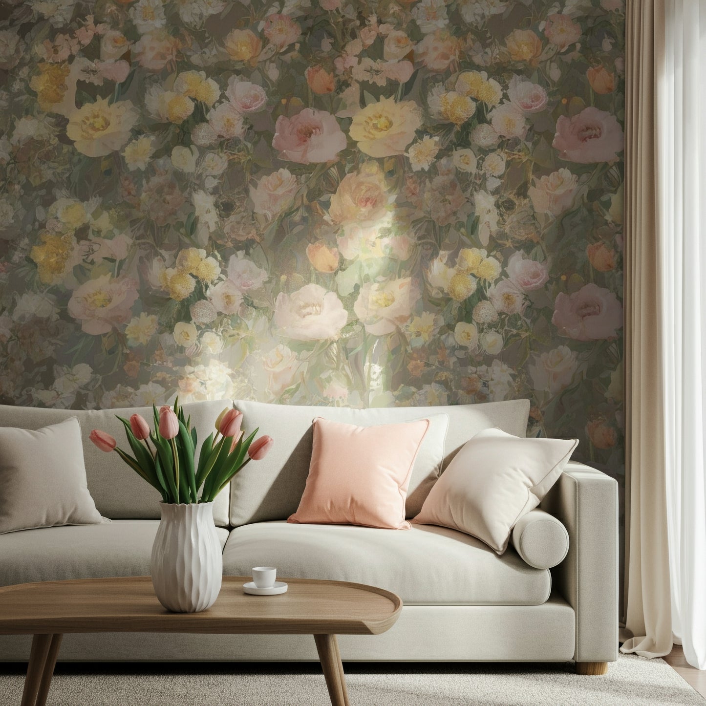 Living room with textured pearl floral wallpaper
