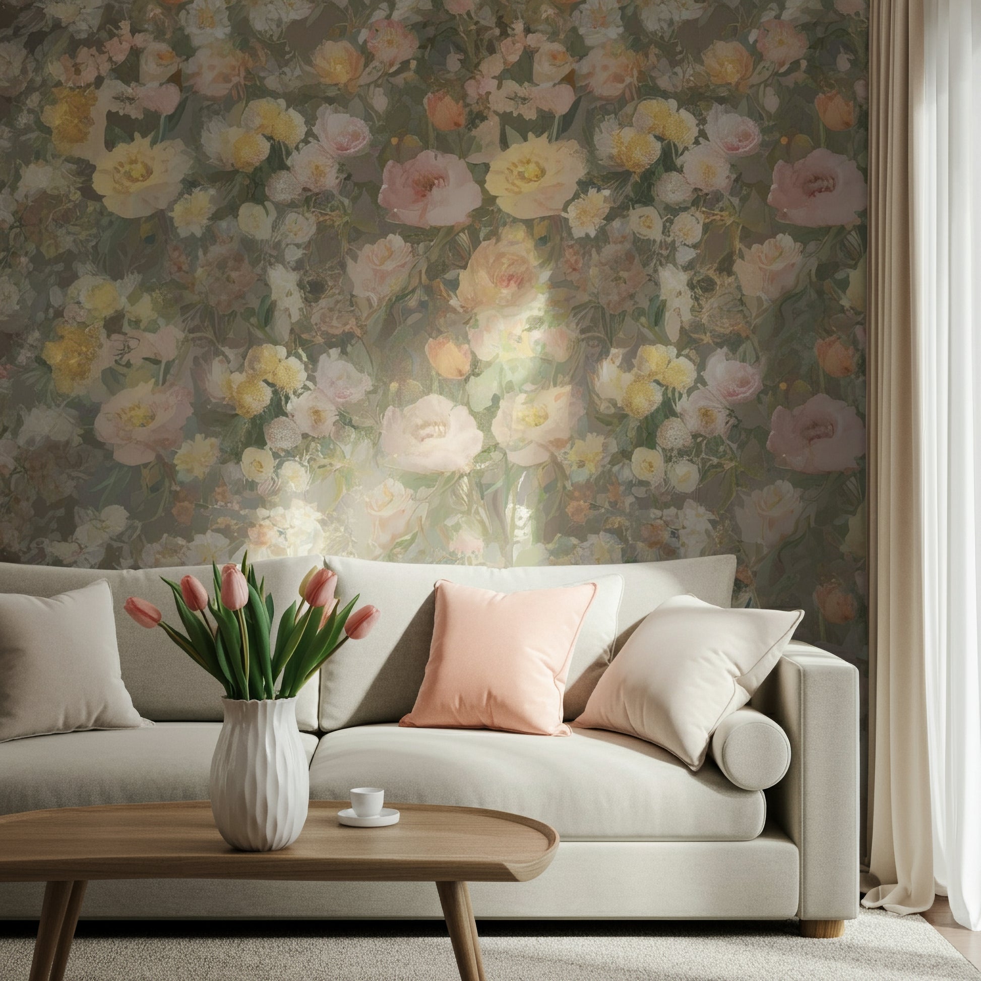 Living room with textured pearl floral wallpaper