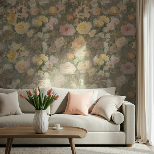 Living room with textured pearl floral wallpaper
