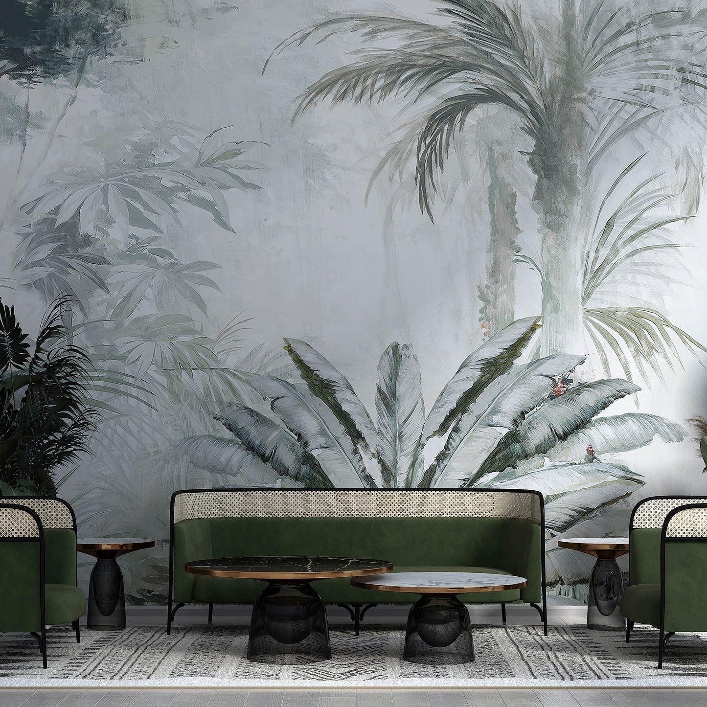 A silver wallpaper with palm, tropical pattern in a modern living room