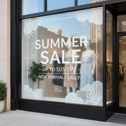Store window with 'Summer Sale' sign on clear window film featuring clothing display