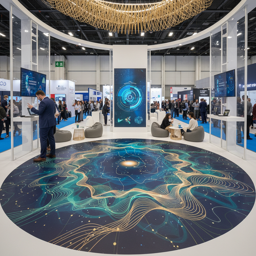 Modern exhibition hall with people and booths, featuring a temporary decorative floor graphic.