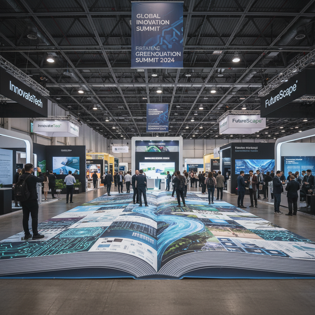 Exhibition hall with people and booths at a Global Innovation Summit event with a immersive temporary floor graphic