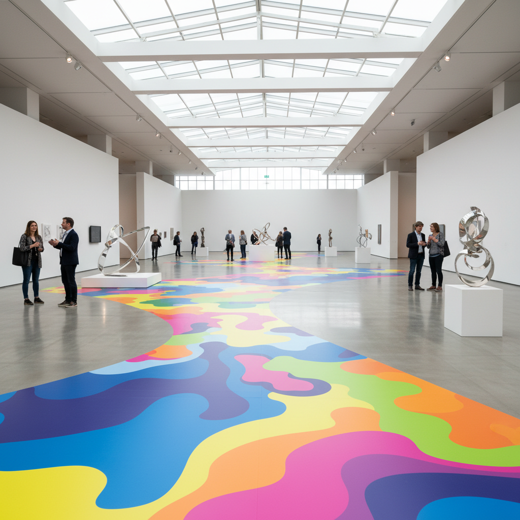 Modern art gallery with colorful floor graphic and visitors.
