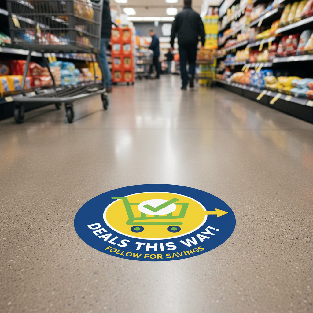 Supermarket floor with a small circular floor graphic