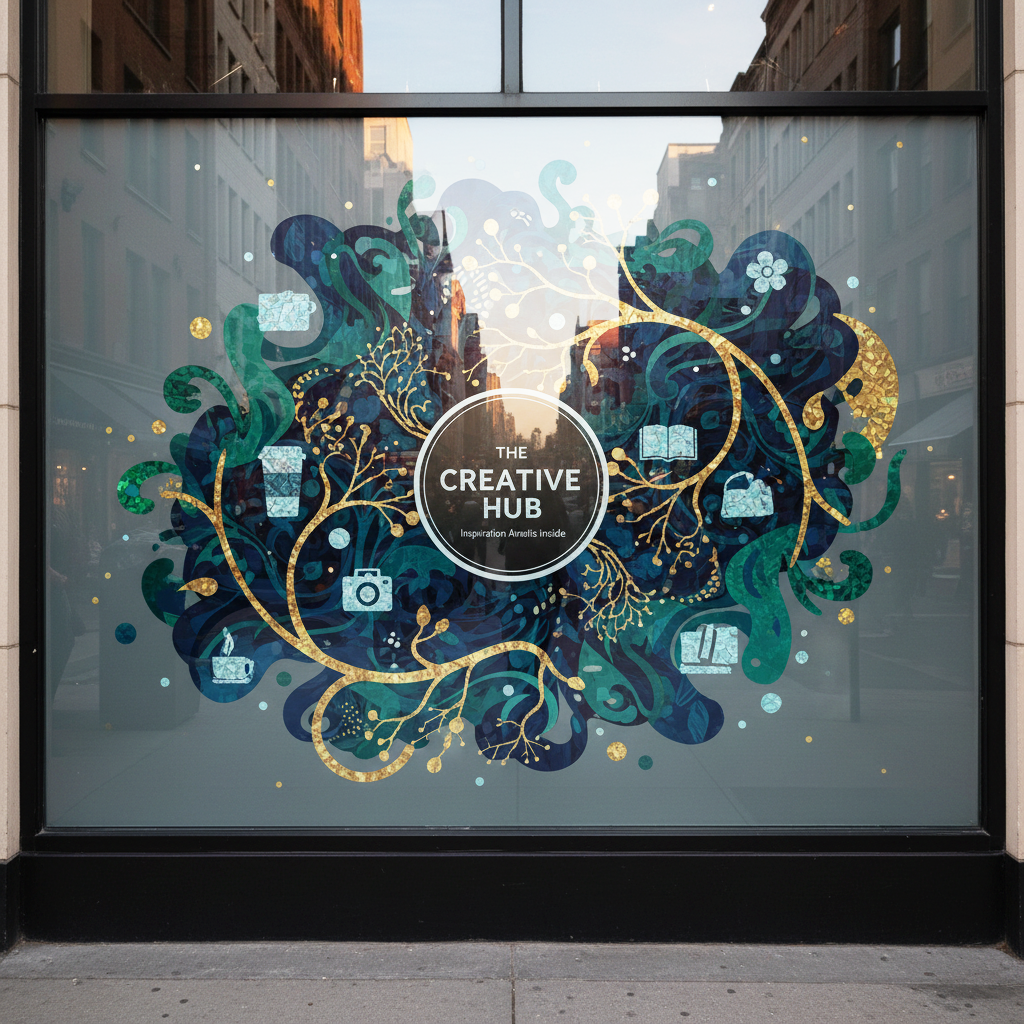 Decorative window display with 'The Creative Hub' logo in an urban setting
