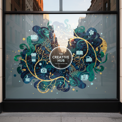 Decorative window display with 'The Creative Hub' logo in an urban setting