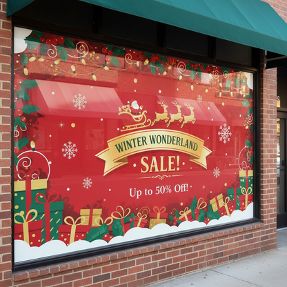 Christmas-themed window display with 'Winter Wonderland Sale' text on a red background.