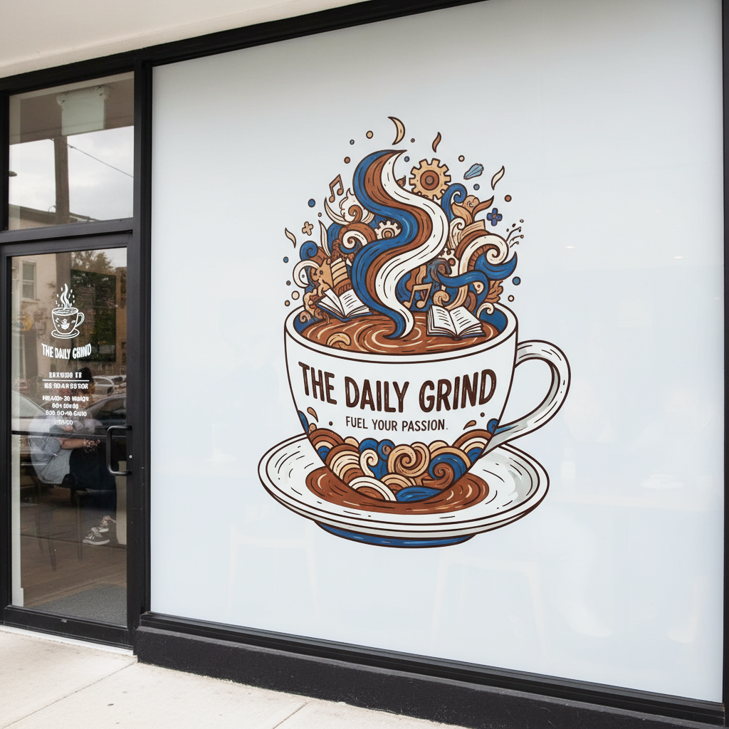 Decorative window sticker of a coffee cup with 'The Daily Grind' text on a glass door.