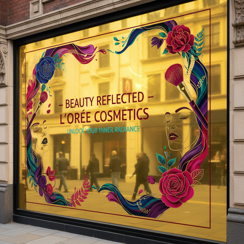 Cosmetics store window graphics printed on metallic gold film