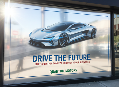 Window advertisement with a futuristic car design printed on silver metallic film