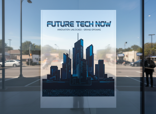 Promotional poster for tech event on a glass door with city skyline design printed on silver metallic film