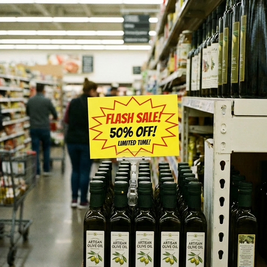 Sale signage in grocery store printed on yellow synthetic