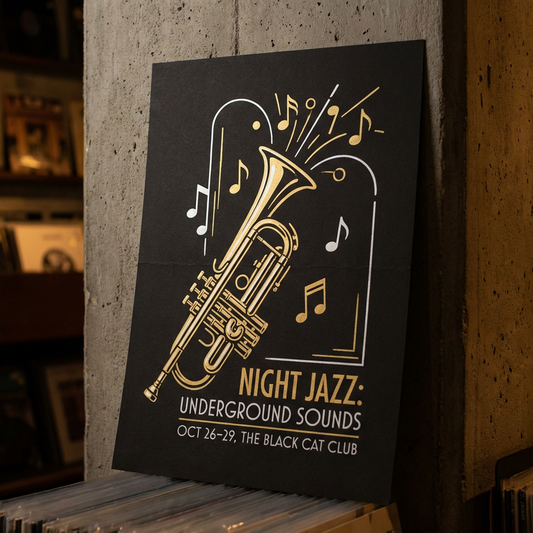 Poster for a Jazz night at a club printed of black synthetic paper