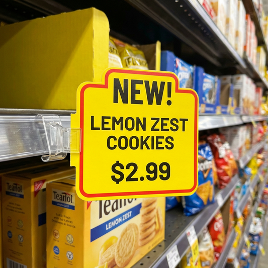 Shelf signage is grocery store printed on yellow synthetic paper