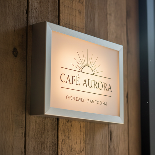 Small backlit sign showing cafe opening hours