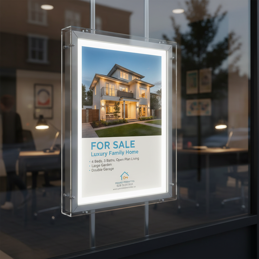 Backlit Real estate 'For Sale' sign on a window display with a house photo and details.