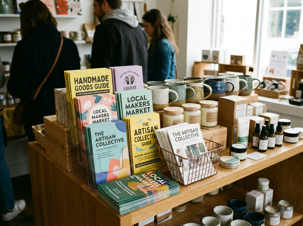 Display of handmade goods and books in a store setting with people browsing printed on pastel synthetic paper