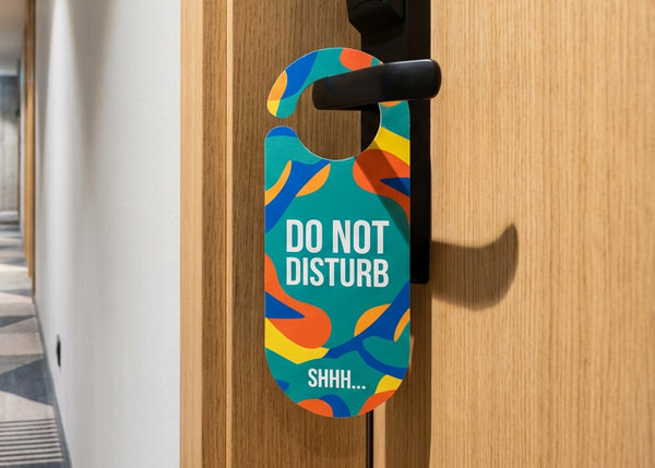 Pre-perforated door handle hanger in hotel setting